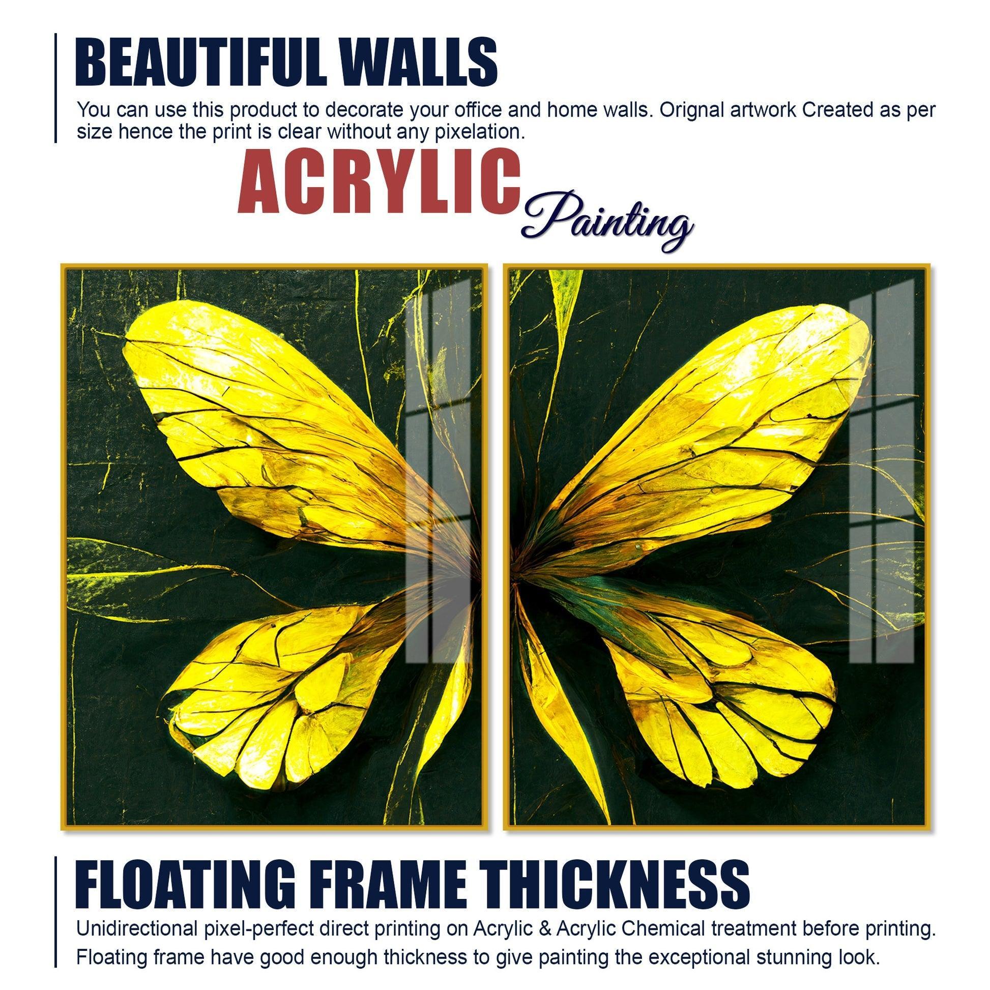 Beautiful Design of Golden Wings Art Acrylic Floating Wall Painting Set Of 2 - Decor Smart