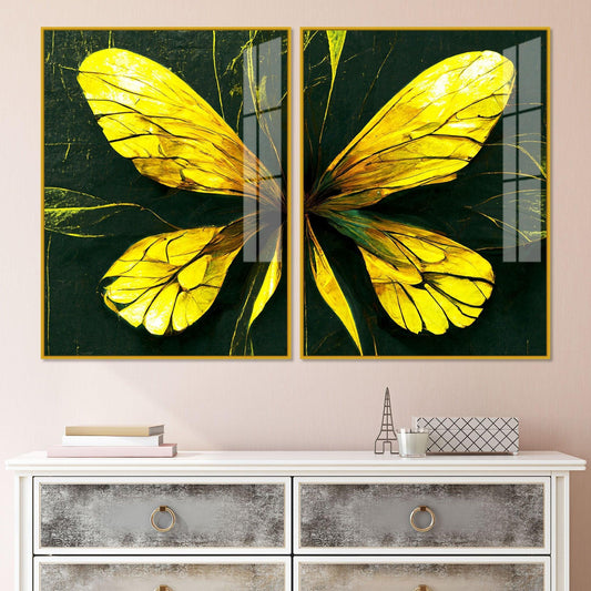 Beautiful Design of Golden Wings Art Acrylic Floating Wall Painting Set Of 2 - Decor Smart