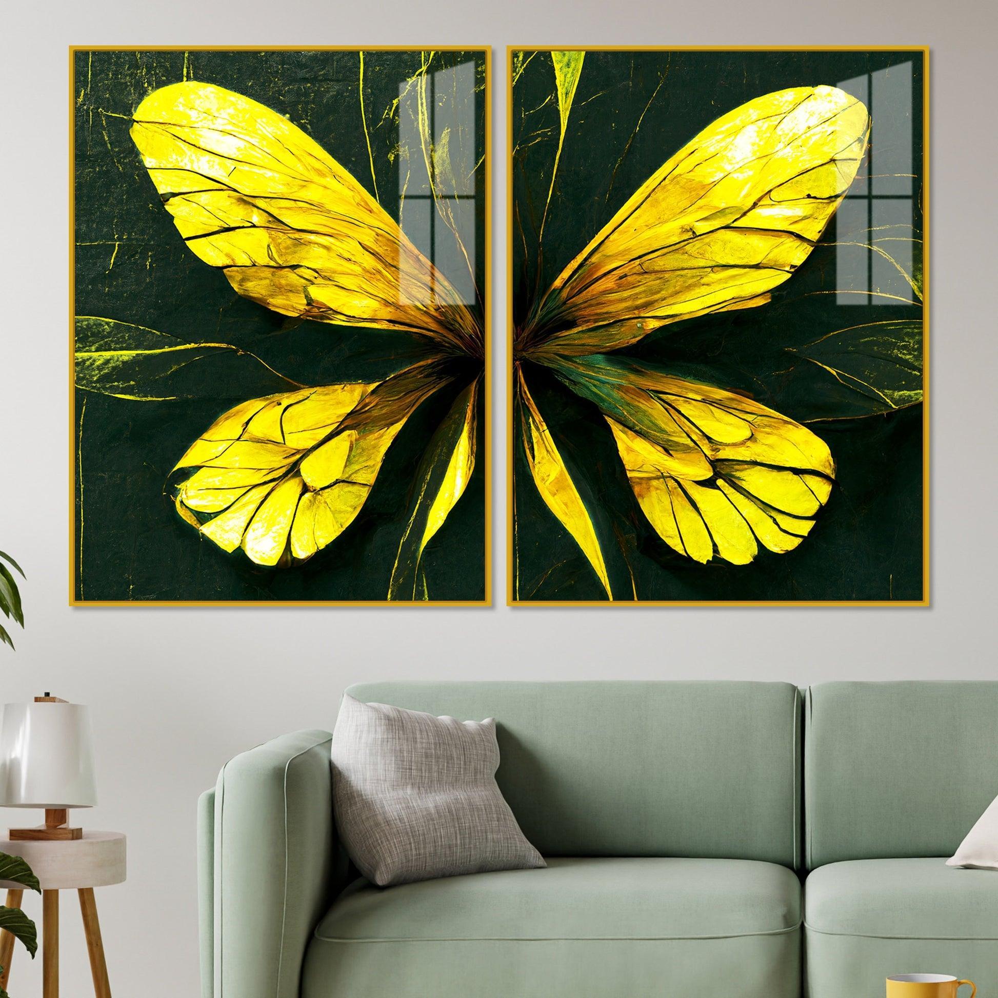 Beautiful Design of Golden Wings Art Acrylic Floating Wall Painting Set Of 2 - Decor Smart