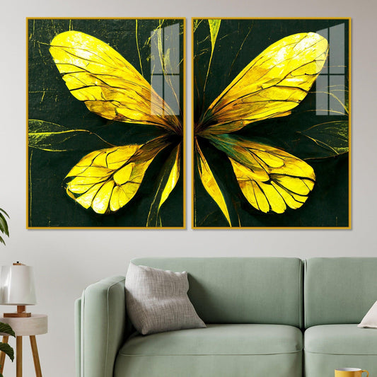 Beautiful Design of Golden Wings Art Acrylic Floating Wall Painting Set Of 2 - Decor Smart