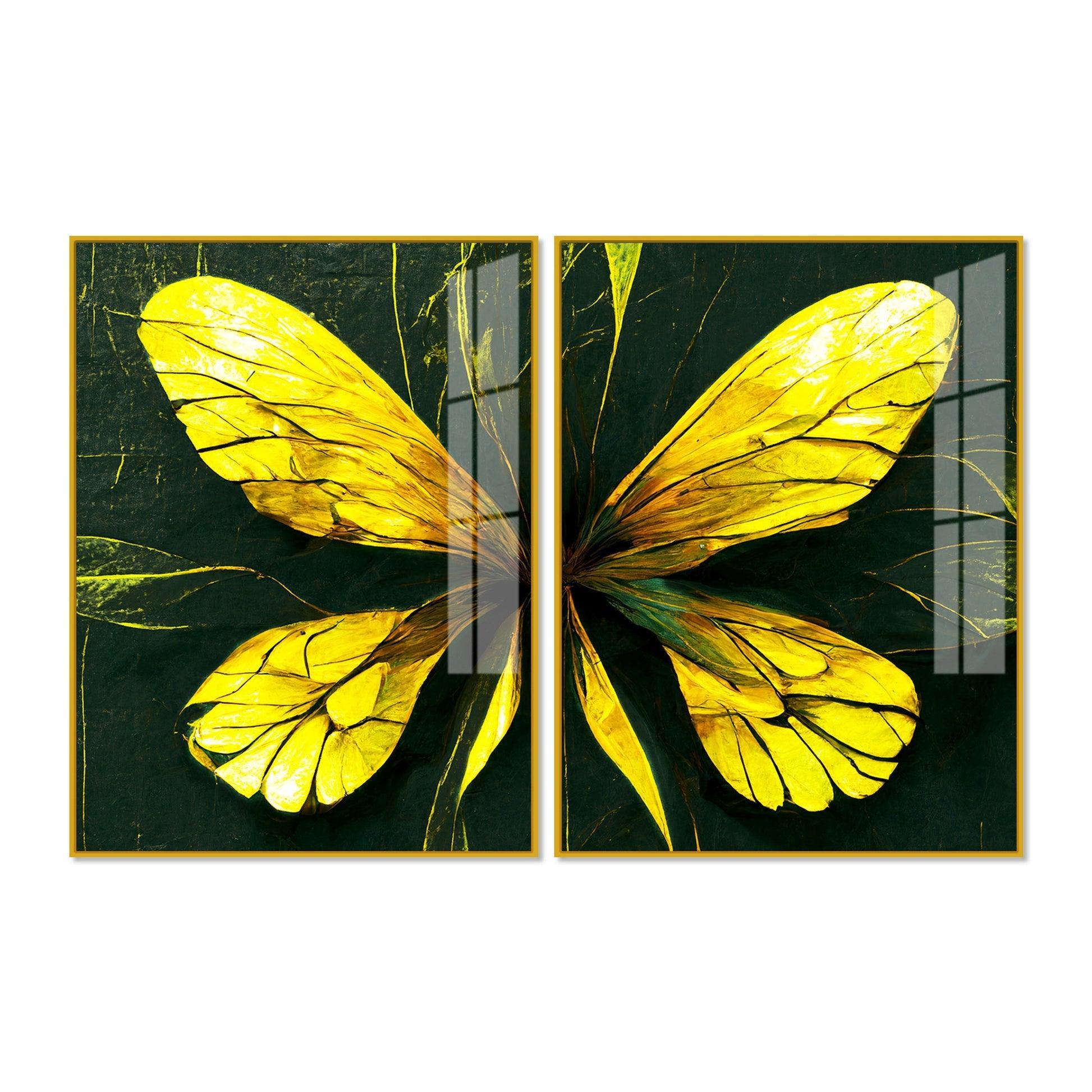 Beautiful Design of Golden Wings Art Acrylic Floating Wall Painting Set Of 2 - Decor Smart
