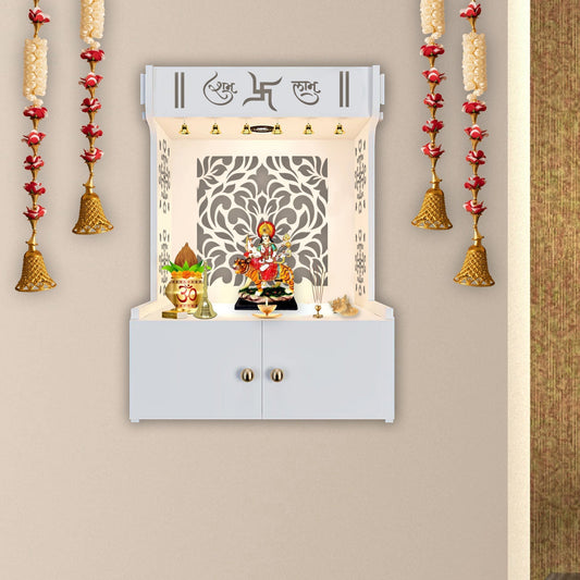 Beautiful Design of Lord Ganesh White Wooden Wall Temple for Home With Inbuilt focus Lights & Spacious Shelf - Decor Smart