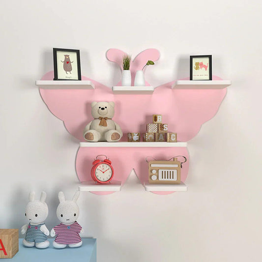 Beautiful Designer Pink Butterfly Wooden Wall Shelf for Kids - Decor Smart
