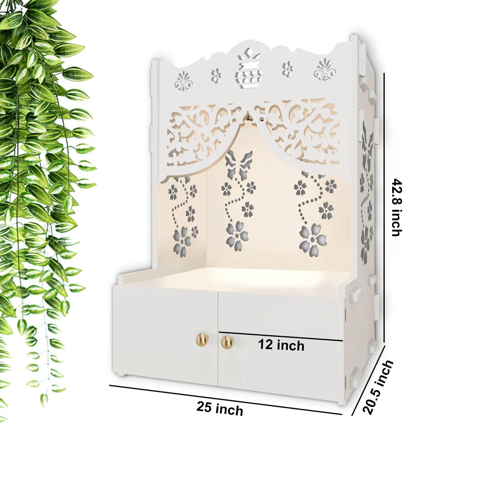 Beautiful Flower Design Pattern Floor Temple with Spacious Wooden Shelf & Inbuilt Focus Light - White Finish - Decor Smart