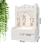 Beautiful Flower Design Pattern Floor Temple with Spacious Wooden Shelf & Inbuilt Focus Light - White Finish - Decor Smart