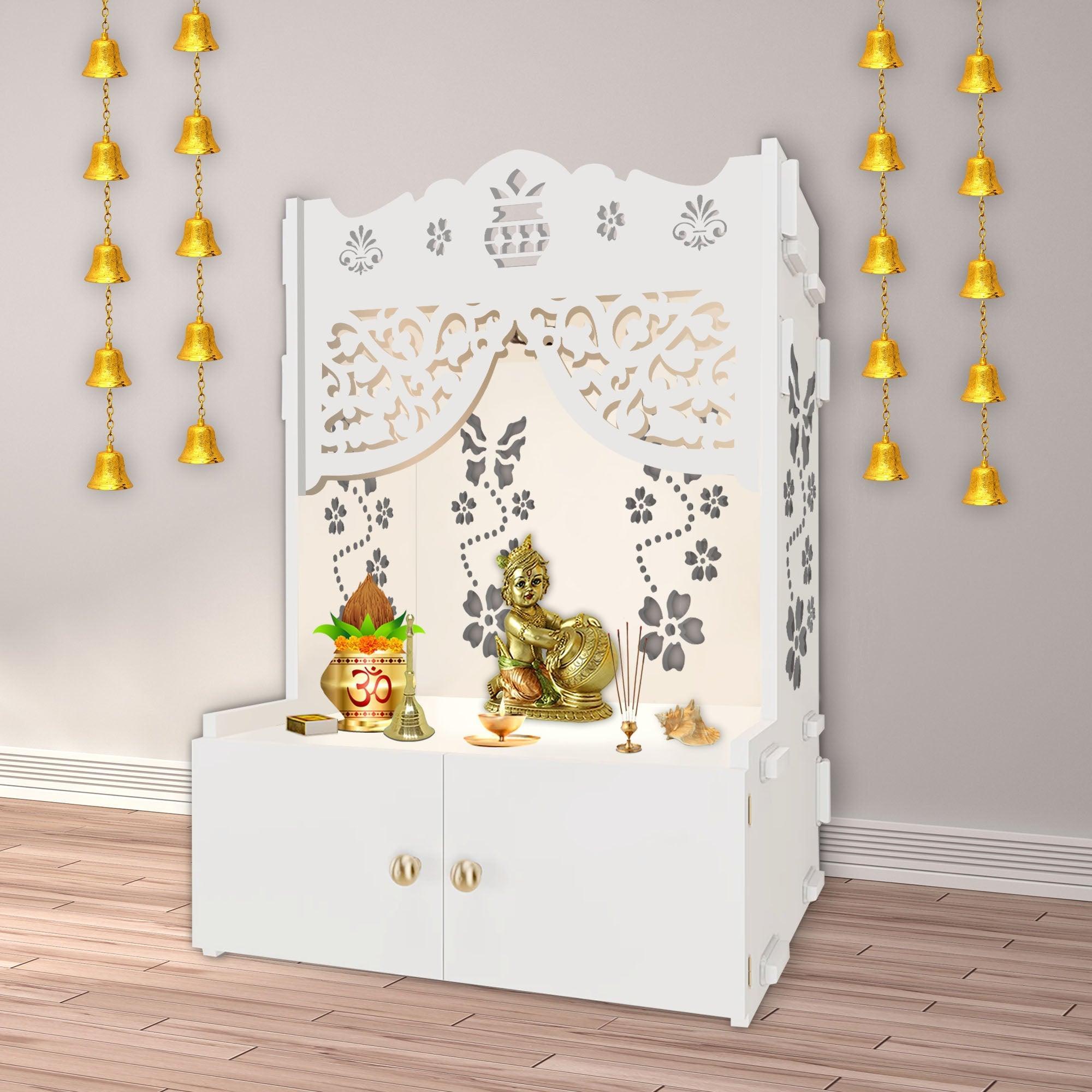 Beautiful Flower Design Pattern Floor Temple with Spacious Wooden Shelf & Inbuilt Focus Light - White Finish - Decor Smart