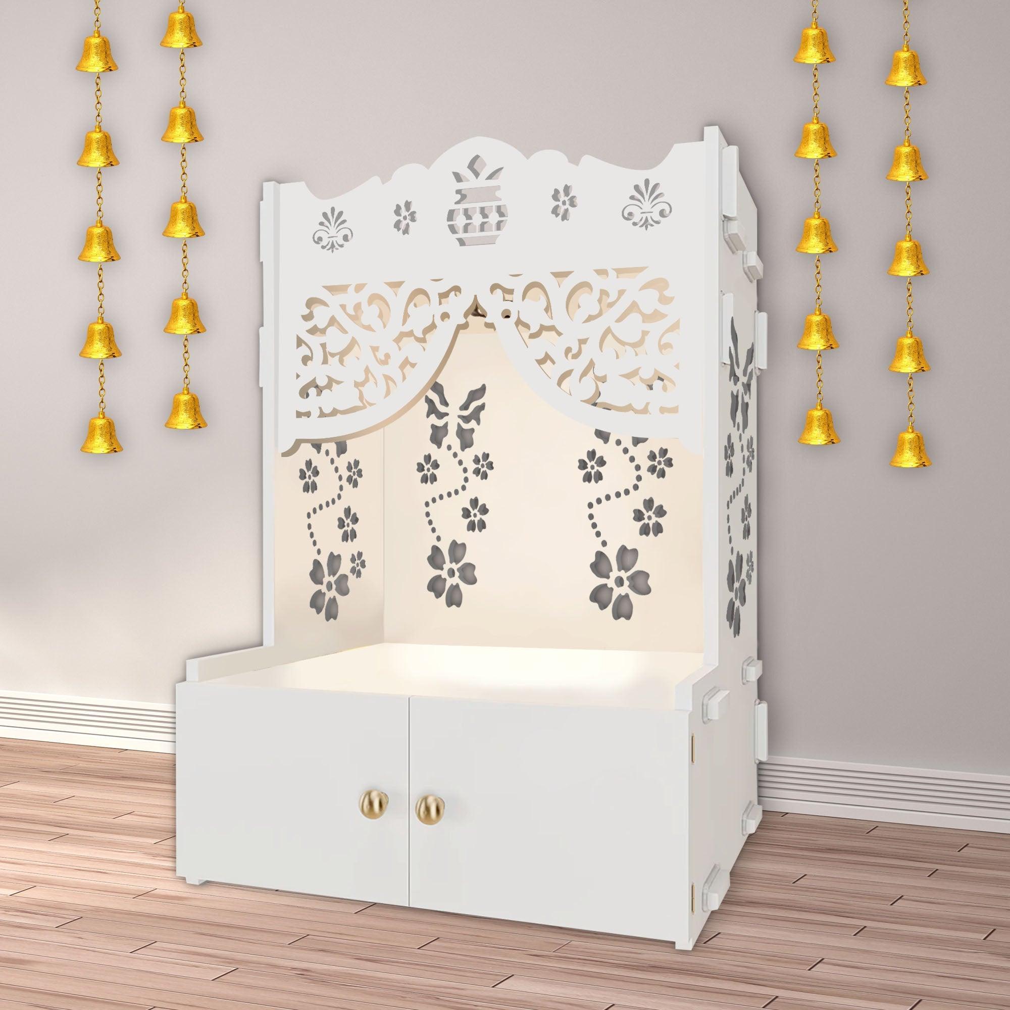 Beautiful Flower Design Pattern Floor Temple with Spacious Wooden Shelf & Inbuilt Focus Light - White Finish - Decor Smart