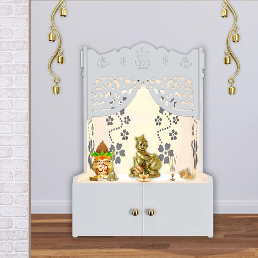 Beautiful Flower Design Pattern Floor Temple with Spacious Wooden Shelf & Inbuilt Focus Light - White Finish - Decor Smart