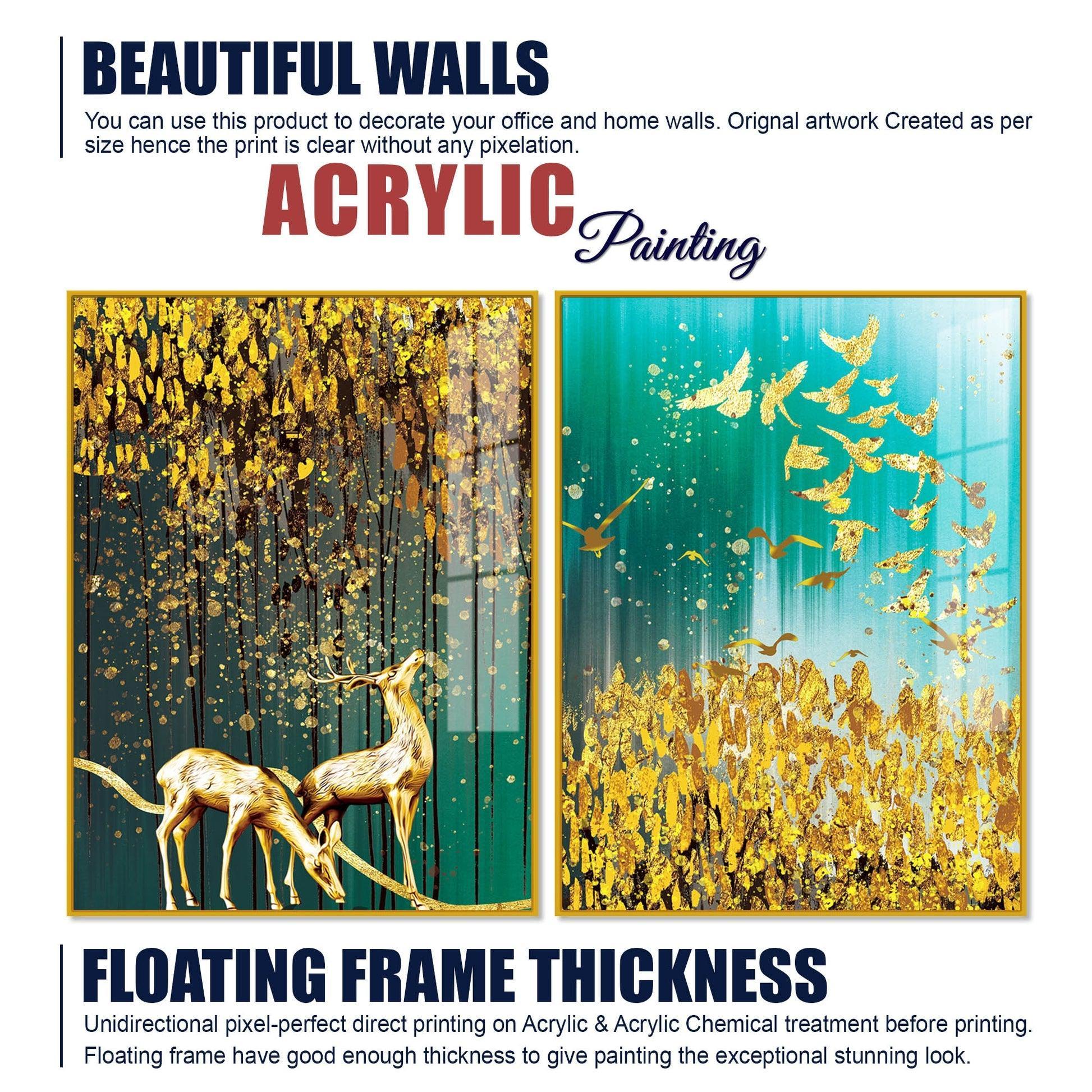 Beautiful Golden Birds and Deer Acrylic Floating Wall Painting Set Of 2 - Decor Smart