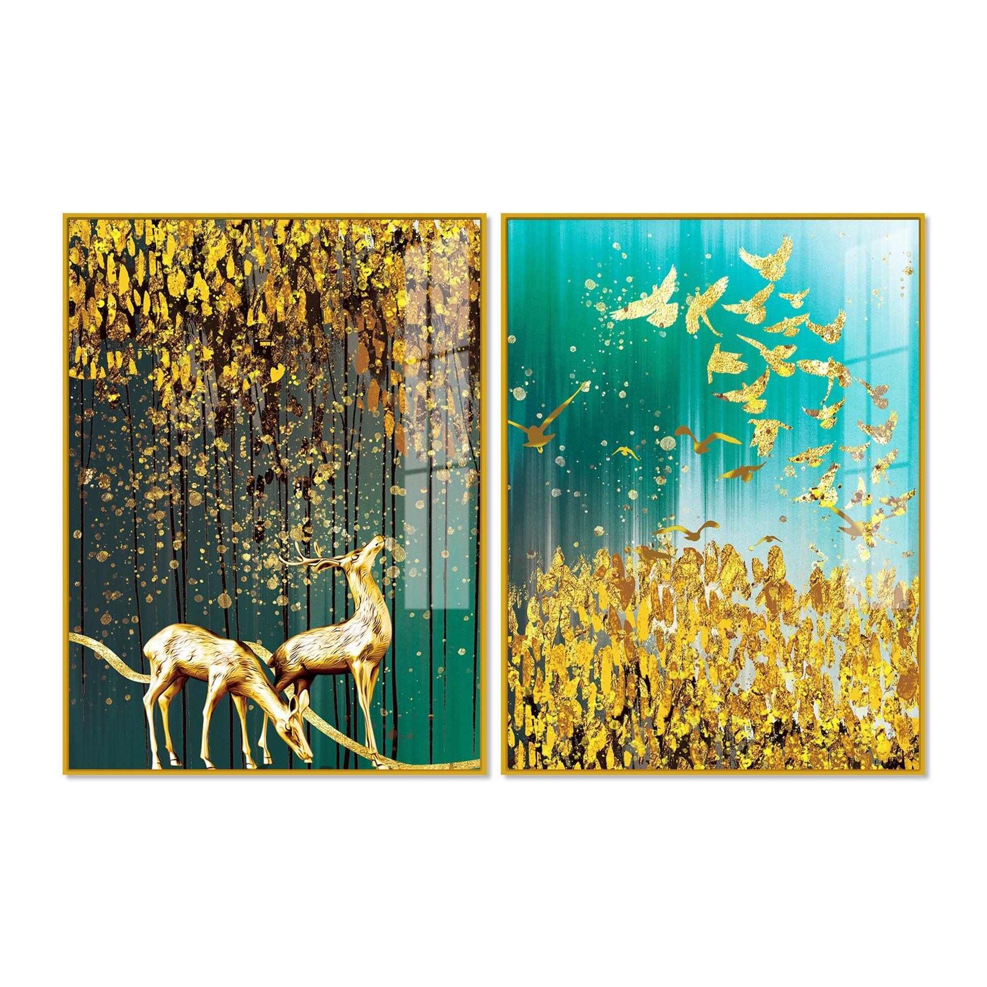 Beautiful Golden Birds and Deer Acrylic Floating Wall Painting Set Of 2 - Decor Smart