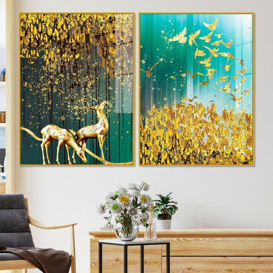 Beautiful Golden Birds and Deer Acrylic Floating Wall Painting Set Of 2 - Decor Smart