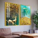 Beautiful Golden Birds and Deer Acrylic Floating Wall Painting Set Of 2 - Decor Smart