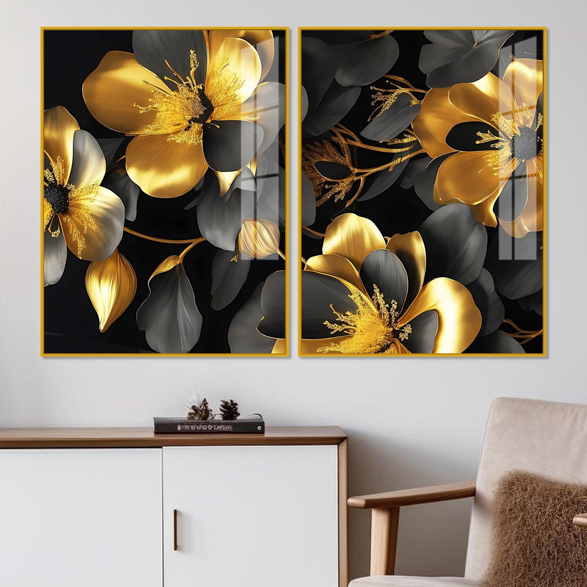 Beautiful Golden Flower Premium Acrylic Floating Wall Painting Set Of 2 - Decor Smart