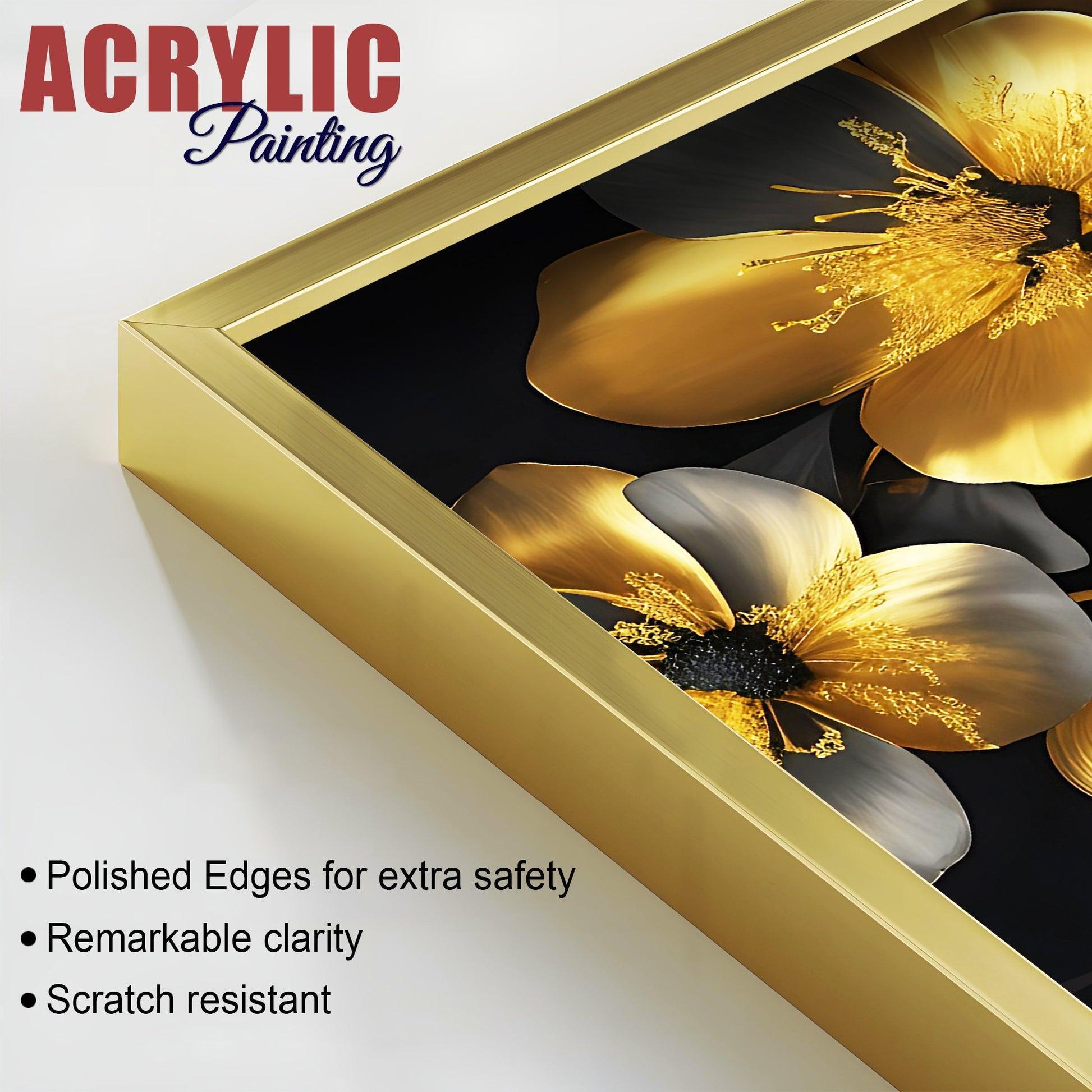 Beautiful Golden Flower Premium Acrylic Floating Wall Painting Set Of 2 - Decor Smart