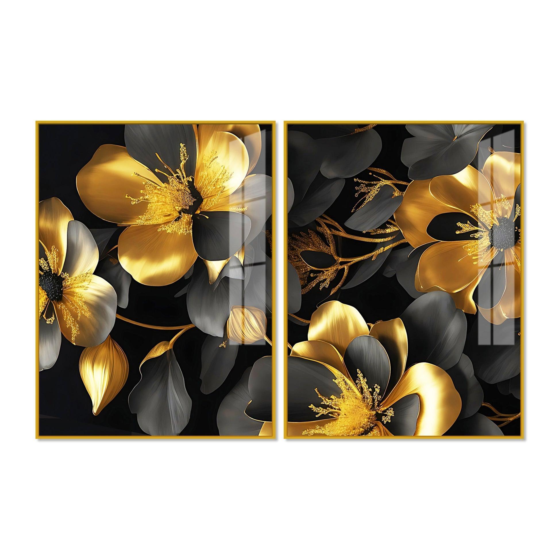 Beautiful Golden Flower Premium Acrylic Floating Wall Painting Set Of 2 - Decor Smart