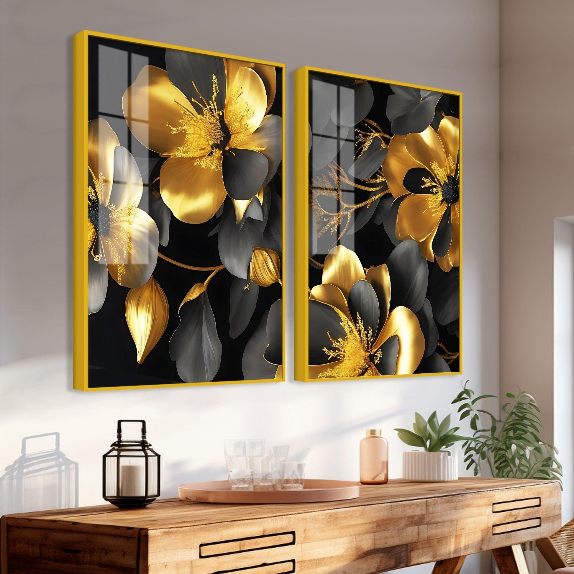 Beautiful Golden Flower Premium Acrylic Floating Wall Painting Set Of 2 - Decor Smart