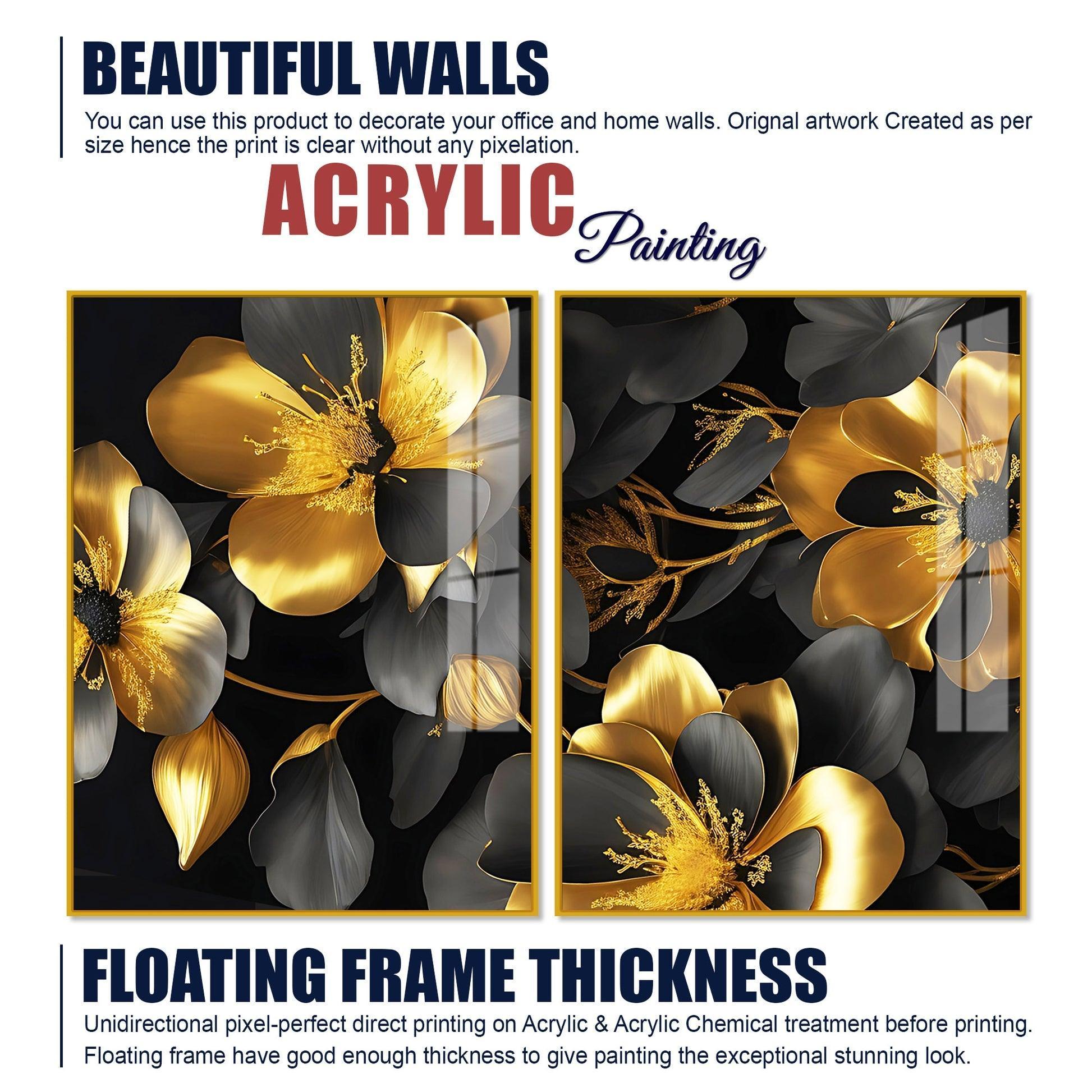 Beautiful Golden Flower Premium Acrylic Floating Wall Painting Set Of 2 - Decor Smart