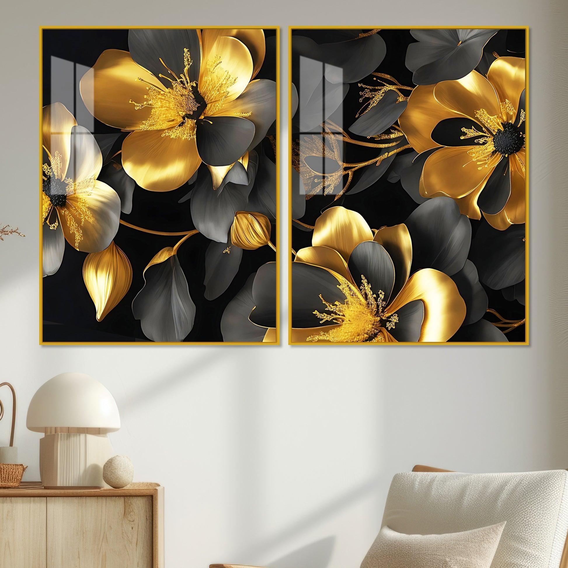 Beautiful Golden Flower Premium Acrylic Floating Wall Painting Set Of 2 - Decor Smart