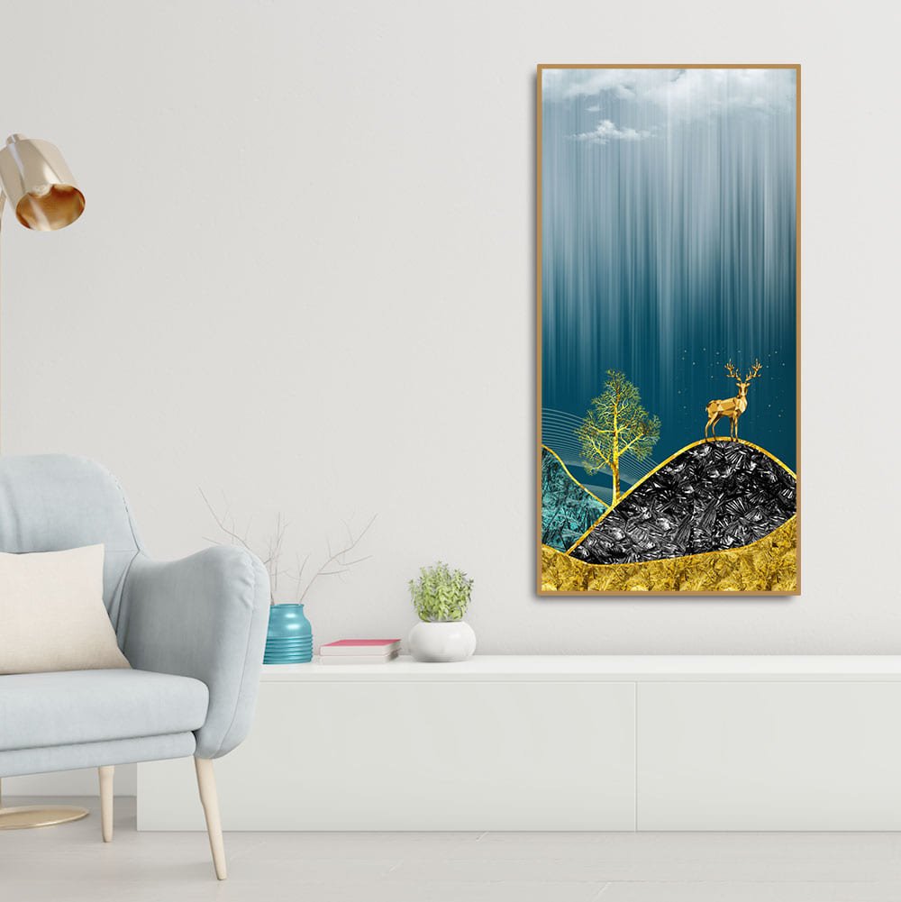 Beautiful Golden Mountains and Deer with Moon Canvas Wall Painting - Decor Smart