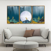 Beautiful Golden Mountains and Deer with Moon Floating Canvas Wall Painting Set of Three - Decor Smart