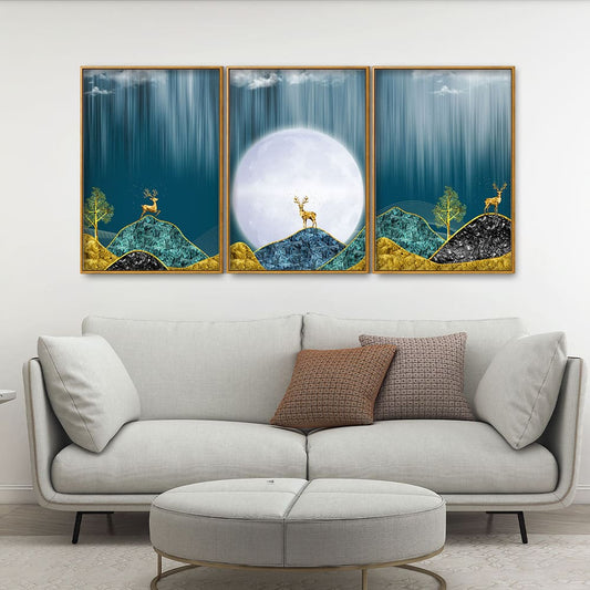 Beautiful Golden Mountains and Deer with Moon Floating Canvas Wall Painting Set of Three - Decor Smart