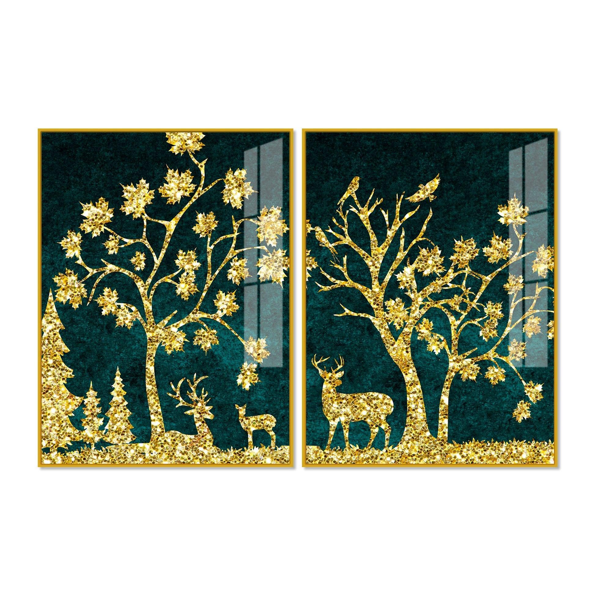 Beautiful Golden Trees with Deer Premium Acrylic Floating Wall Painting Set Of 2 - Decor Smart