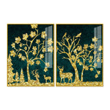 Beautiful Golden Trees with Deer Premium Acrylic Floating Wall Painting Set Of 2 - Decor Smart