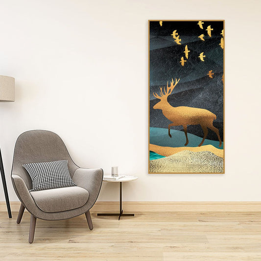 Beautiful Golden Walking Deer Premium Canvas Wall Painting - Decor Smart