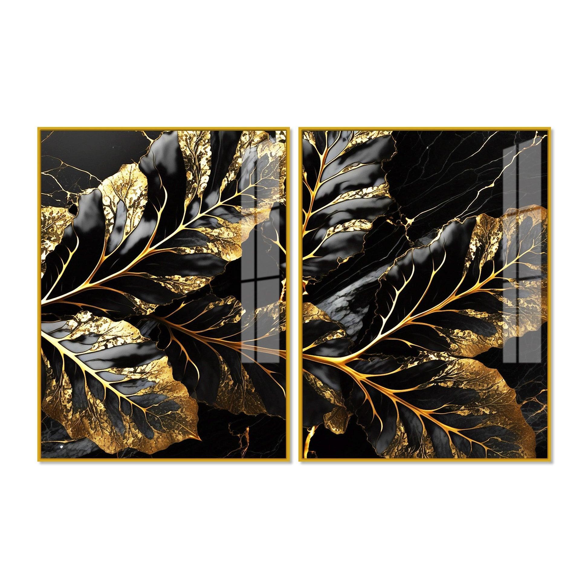 Beautiful Leaf Golden Textural Art Acrylic Floating Wall Painting Set Of 2 - Decor Smart