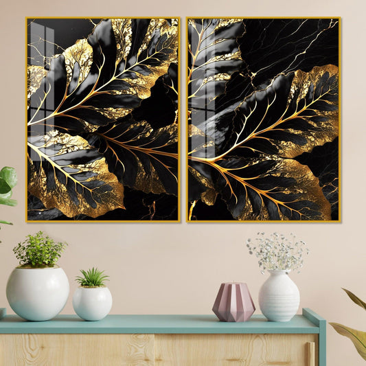 Beautiful Leaf Golden Textural Art Acrylic Floating Wall Painting Set Of 2 - Decor Smart