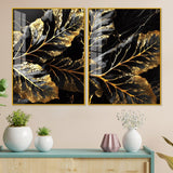 Beautiful Leaf Golden Textural Art Acrylic Floating Wall Painting Set Of 2 - Decor Smart