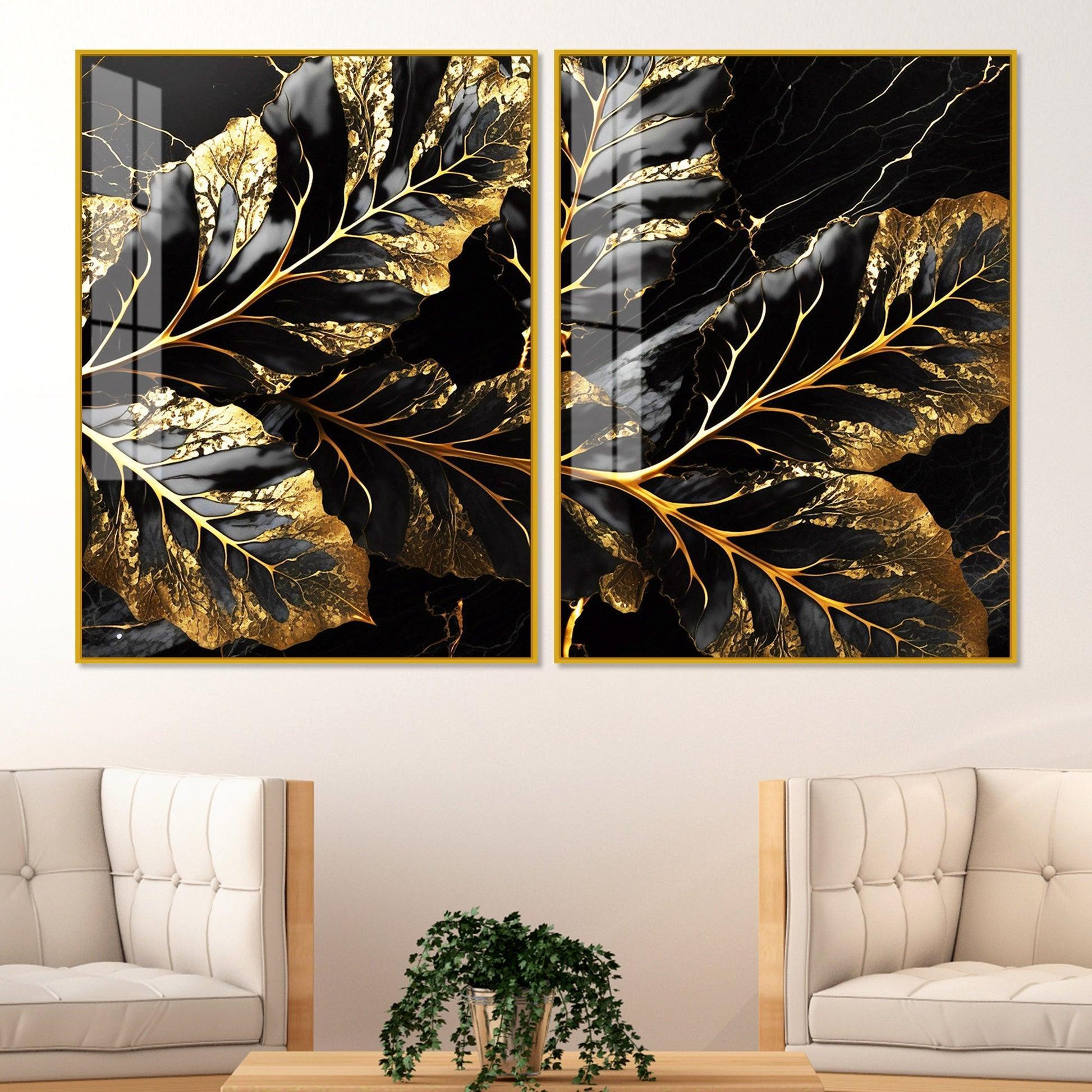 Beautiful Leaf Golden Textural Art Acrylic Floating Wall Painting Set Of 2 - Decor Smart