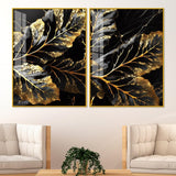Beautiful Leaf Golden Textural Art Acrylic Floating Wall Painting Set Of 2 - Decor Smart