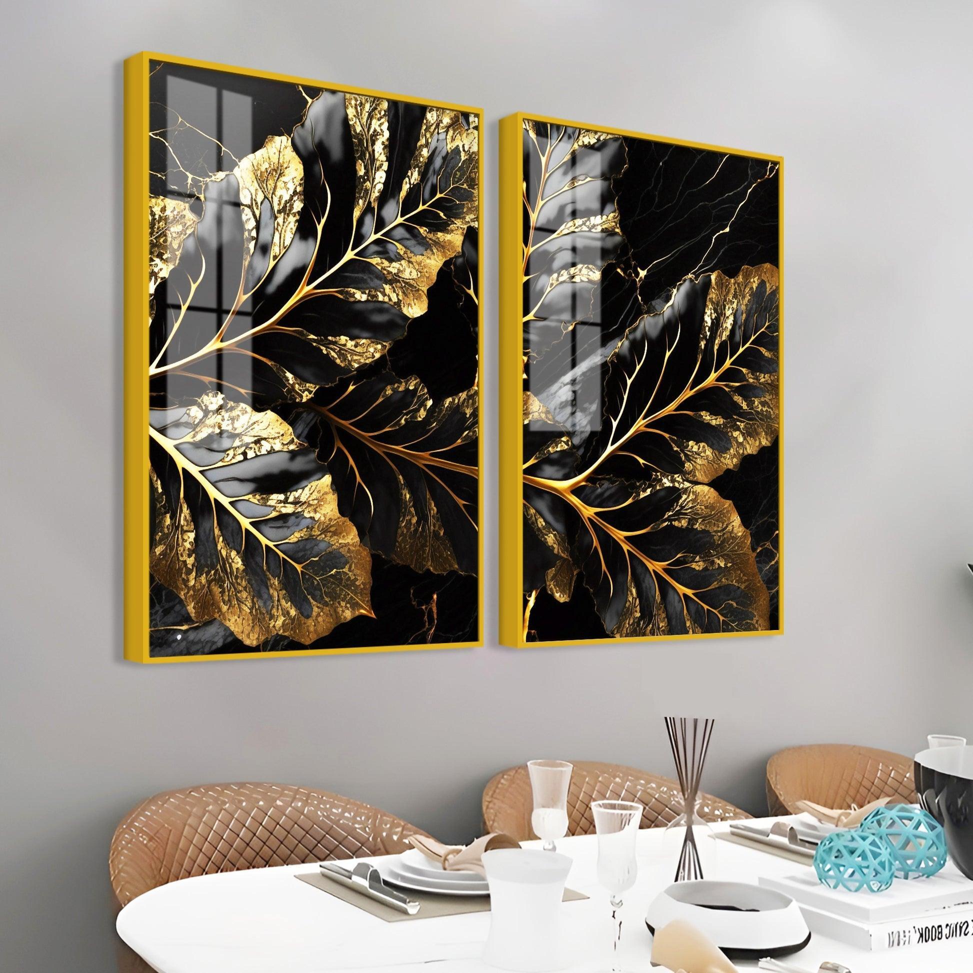 Beautiful Leaf Golden Textural Art Acrylic Floating Wall Painting Set Of 2 - Decor Smart