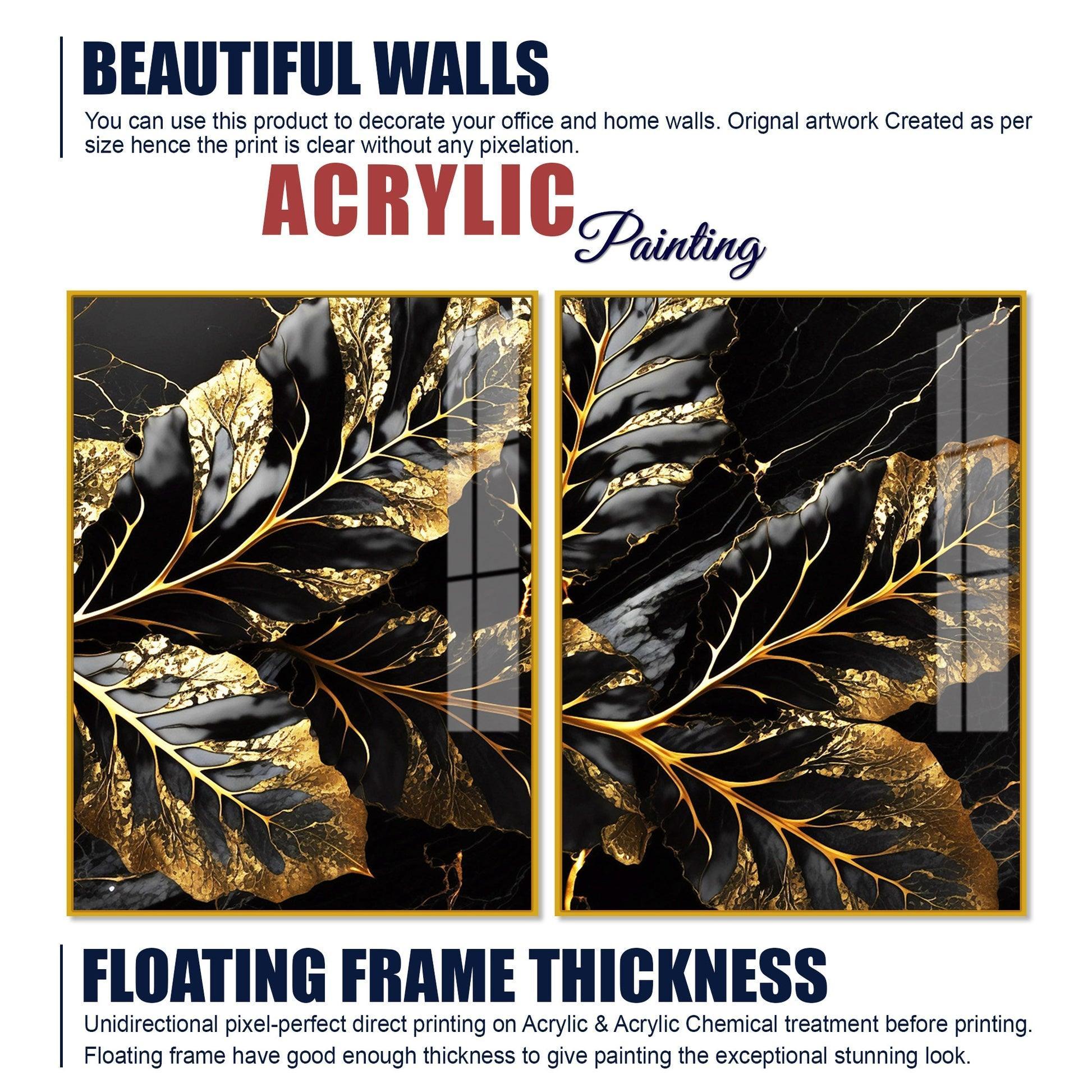 Beautiful Leaf Golden Textural Art Acrylic Floating Wall Painting Set Of 2 - Decor Smart