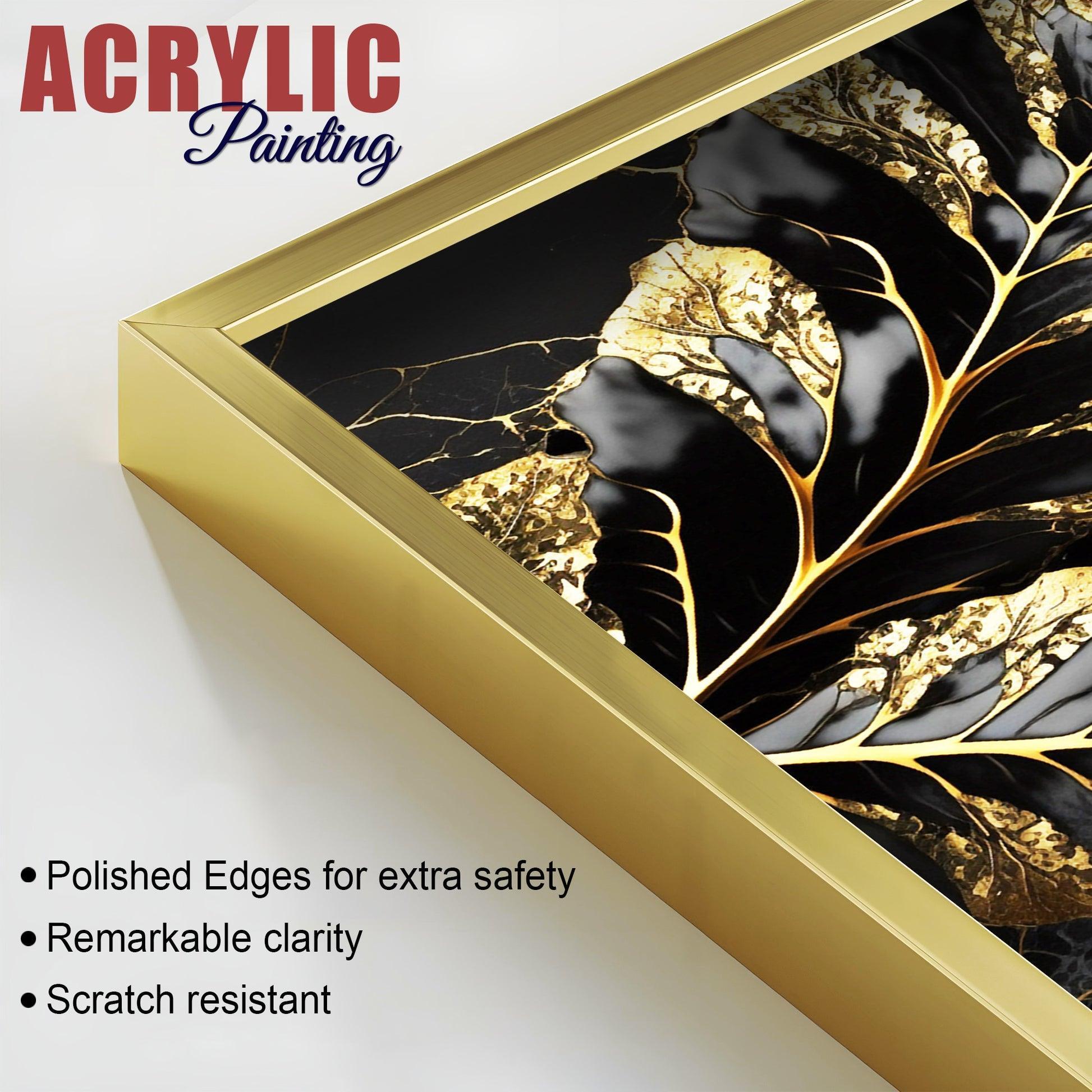 Beautiful Leaf Golden Textural Art Acrylic Floating Wall Painting Set Of 2 - Decor Smart