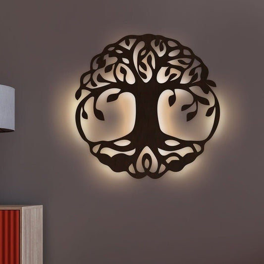 Beautiful Life of Tree Backlit Wooden Wall Decor with LED Night Light Walnut Finish - Decor Smart