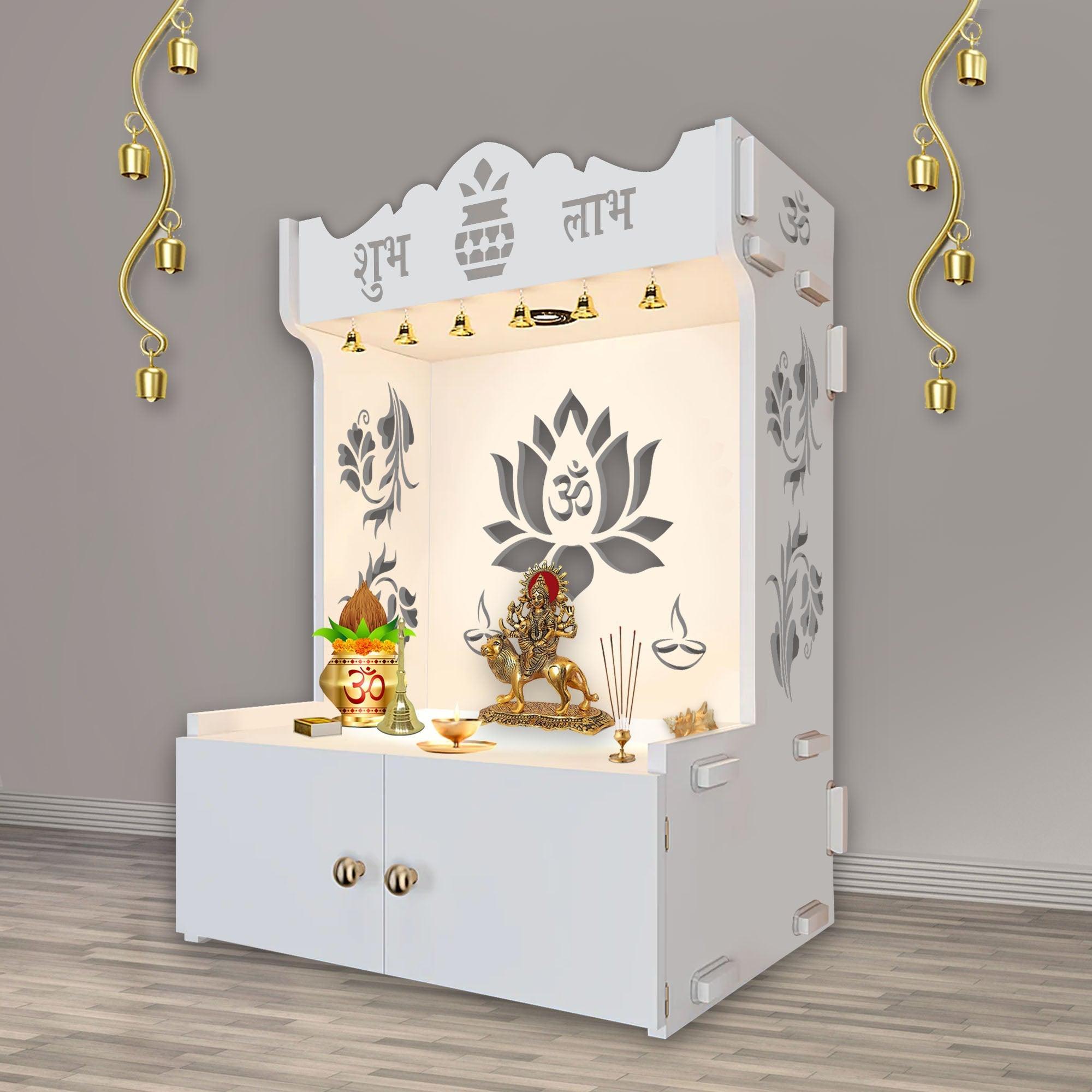 Beautiful Lotus Pattern Floor Temple with Spacious Wooden Shelf & Inbuilt Focus Light - White Finish - Decor Smart