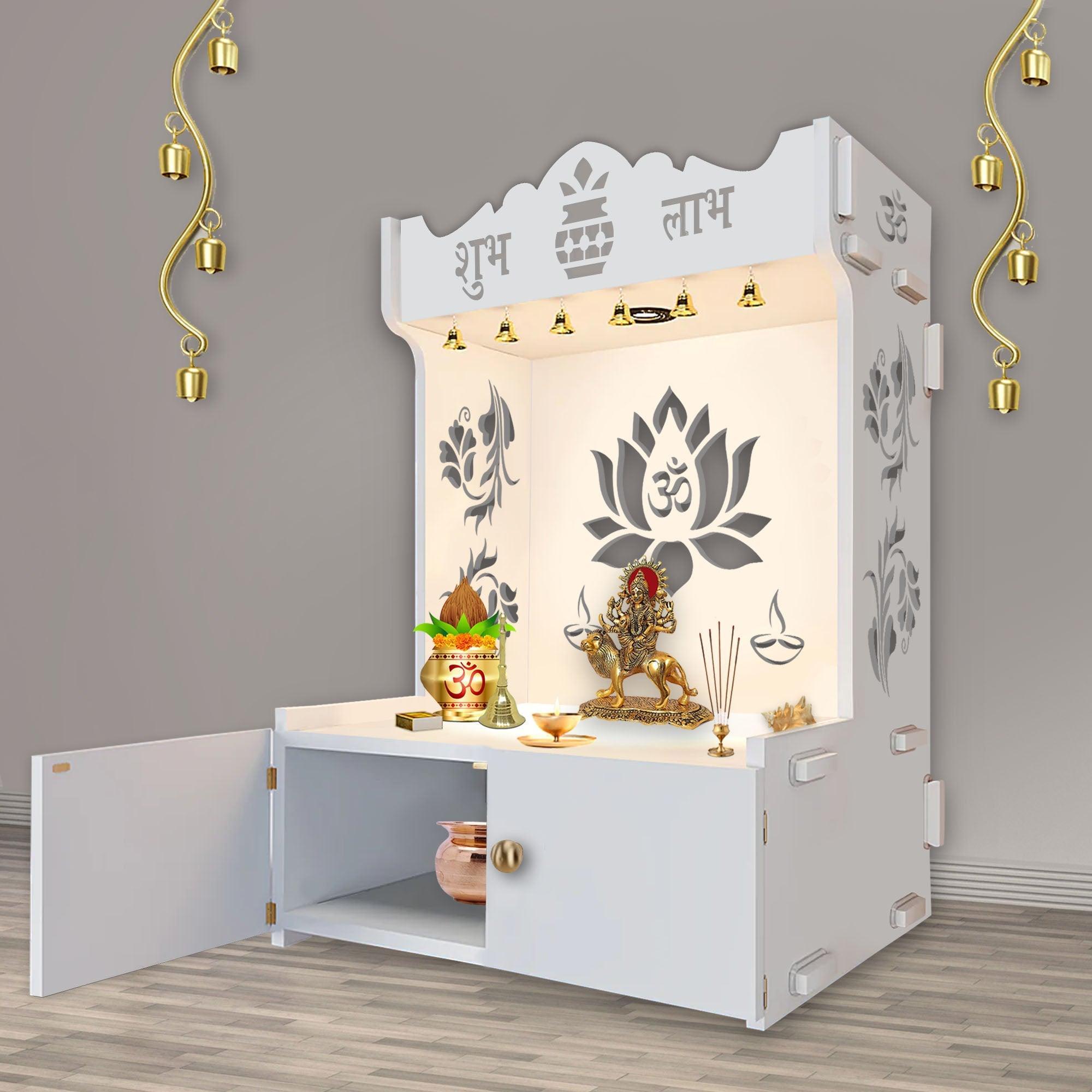 Beautiful Lotus Pattern Floor Temple with Spacious Wooden Shelf & Inbuilt Focus Light - White Finish - Decor Smart
