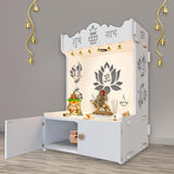 Beautiful Lotus Pattern Floor Temple with Spacious Wooden Shelf & Inbuilt Focus Light - White Finish - Decor Smart