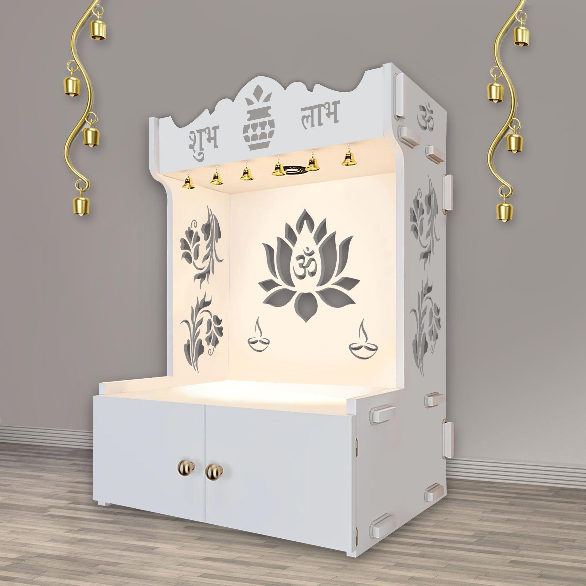 Beautiful Lotus Pattern Floor Temple with Spacious Wooden Shelf & Inbuilt Focus Light - White Finish - Decor Smart