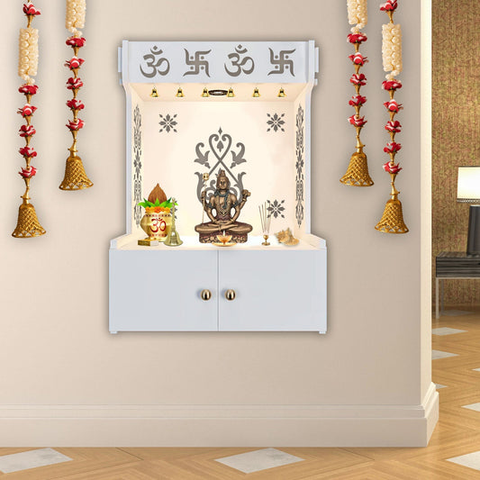 Beautiful Lotus Pattern White Wooden Wall Temple for Home With Inbuilt focus Lights & Spacious Shelf - Decor Smart