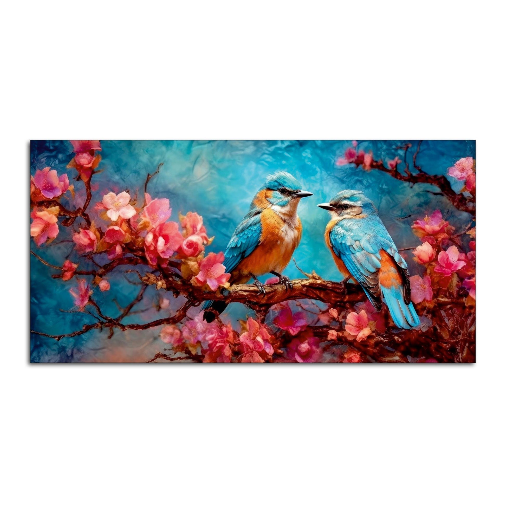 Beautiful Love Birds on a Branch with Pink Flowers – Canvas Art by Decor Smart