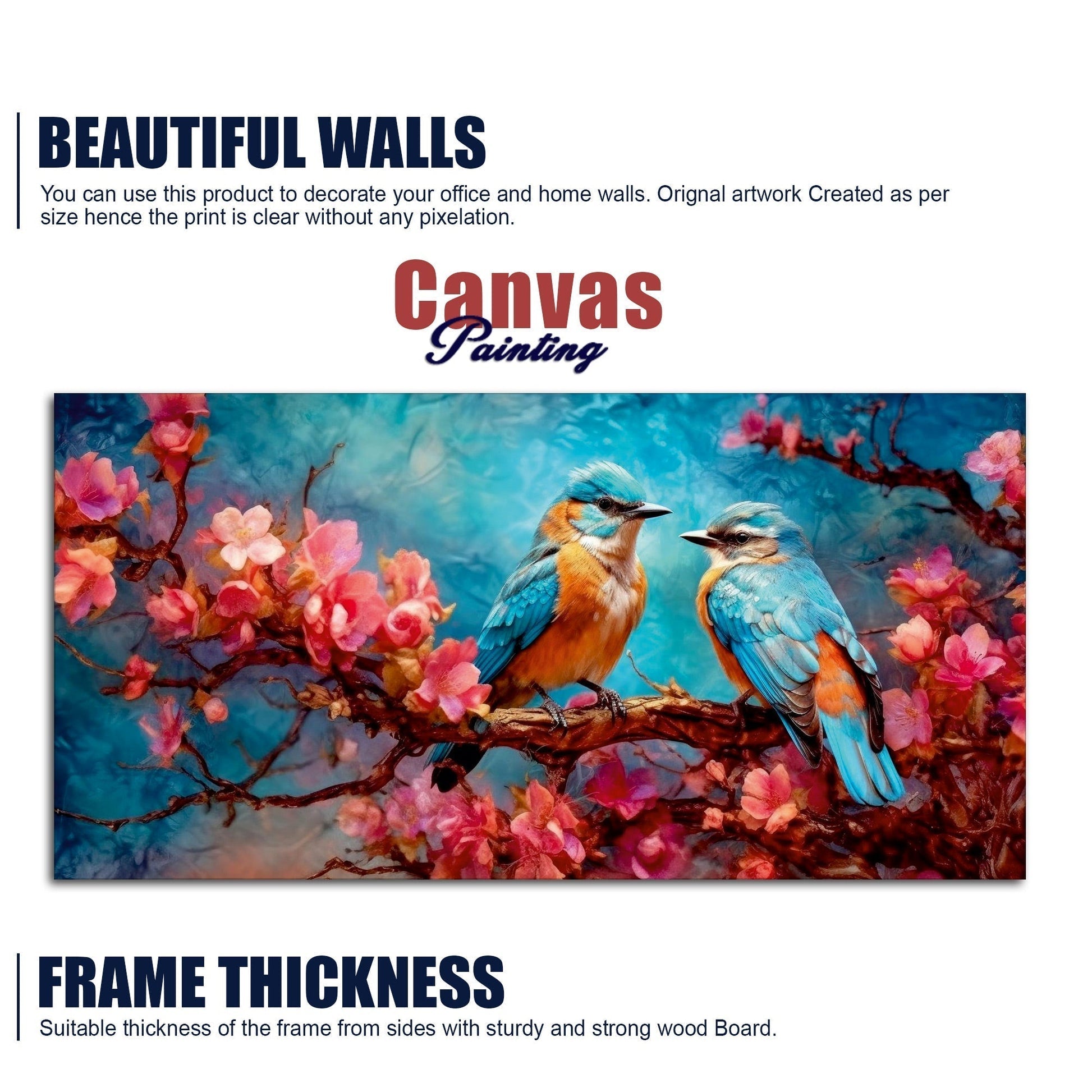 Beautiful Love Birds on a Branch with Pink Flowers – Canvas Art by Decor Smart