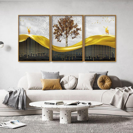 Beautiful Luxury Modern Art of Trees and Deer Floating Canvas Wall Painting Set of Three - Decor Smart