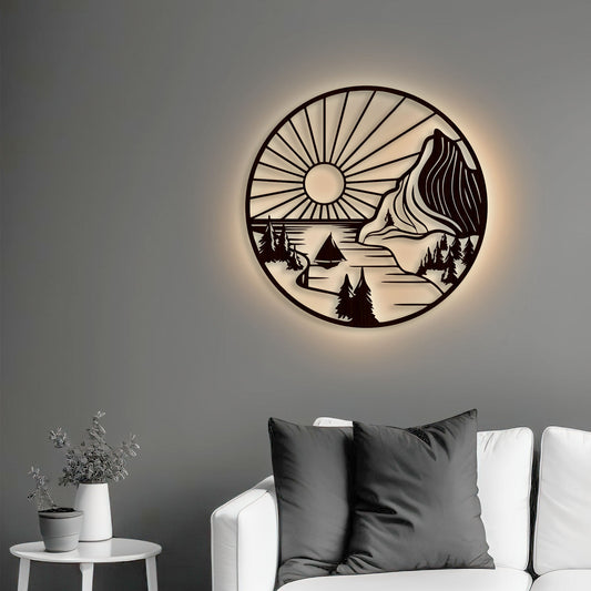 Beautiful Mountain and Rising Sun Scenery Backlit Wooden Wall Decor with LED Night Light Walnut Finish - Decor Smart