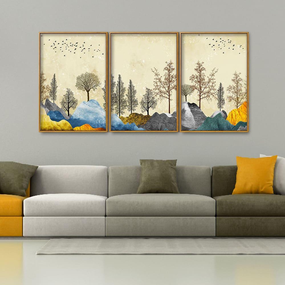 Beautiful Mountain Landscape with Trees Premium Floating Canvas Wall Painting Set of Three - Decor Smart