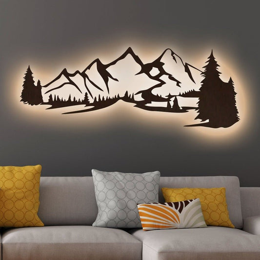 Beautiful Mountain Scenery Backlit Wooden Wall Decor with LED Night Light Walnut Finish - Decor Smart