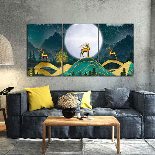Beautiful Night Landscape Golden Deer Wall Painting of Three Pieces - Decor Smart