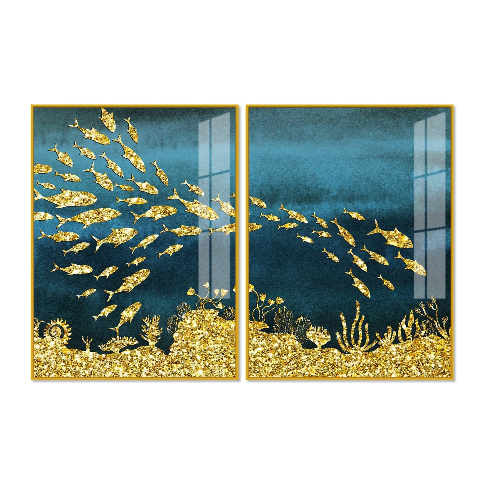 Beautiful Ocean View of Golden Fish Pattern Acrylic Floating Wall Painting Set Of 2 - Decor Smart